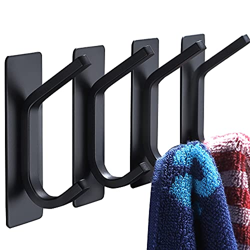 YIGII Black Adhesive Towel Hooks - Heavy Duty 4-Pack Stainless Steel