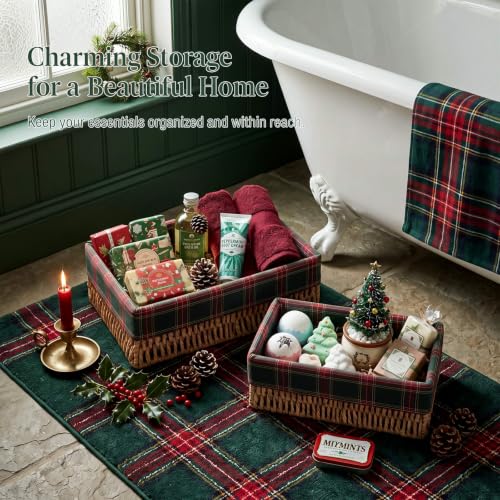 2 Pcs Christmas Toilet Paper Storage Baskets - Green Buffalo Plaid, Scottish Tartan