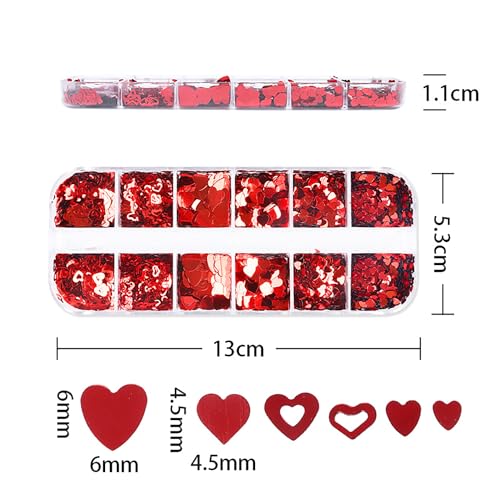 Red Heart Nail Art Sequins & Glitter Decals 12 Grids Valentine's Day