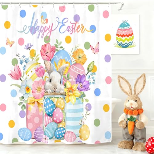 Easter Shower Curtain 72x72 Inch - Cute Bunny & Colorful Eggs