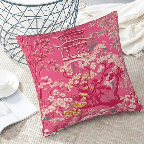 Chinoiserie Pink Pagoda Throw Pillow Cover - 18x18 Inch Plush Case