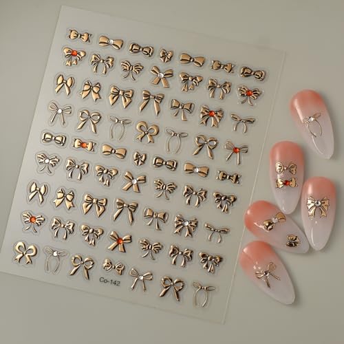 Namrec Gold Bow Nail Stickers 5D Self-Adhesive Rhinestone Decals