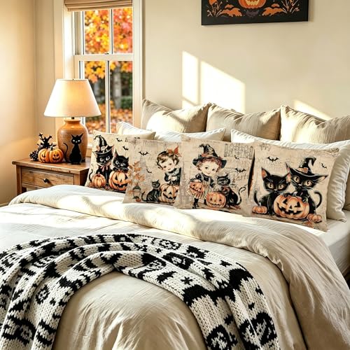 Vintage Halloween Throw Pillow Covers 18x18, Set of 4 Black Cat & Pumpkin