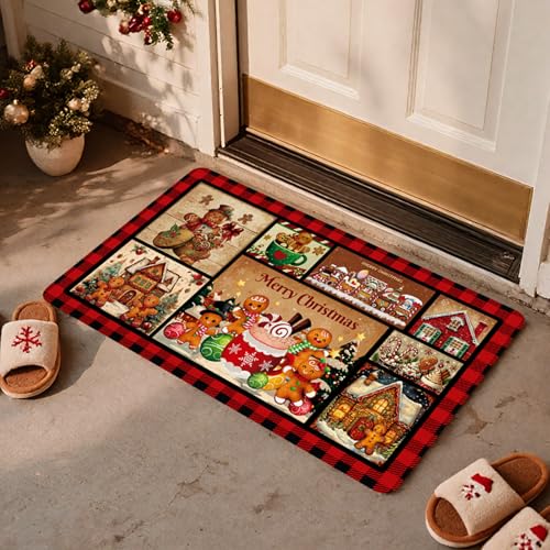 Christmas Kitchen Rugs Set of 2 - Non-Slip Buffalo Plaid & Gingerbread Mats