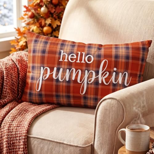 12x20 Orange Tartan Fall Pillow Cover with Hello Pumpkin Embroidery