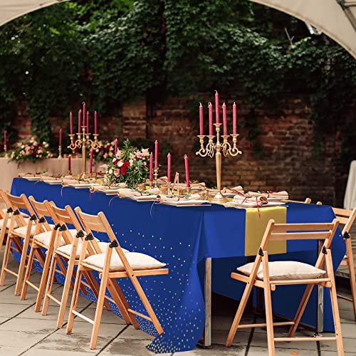 Blue and Gold 8-Pack Disposable Plastic Tablecloths with Satin Table Runner Set for Weddings and Parties