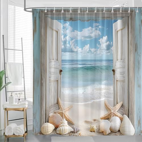 Coastal Beach Shower Curtain 70x70 inch | Nautical Design with Seashells