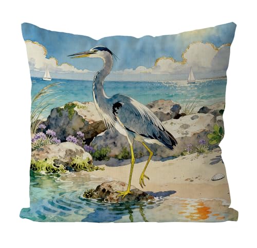 GAGEC 18x18 Inch Blue Heron Pillow Cover for Summer Decor