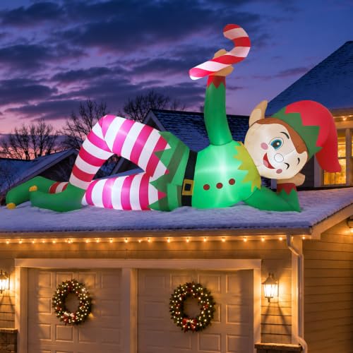 Green 10 FT Christmas Inflatable Lying Elf with Candy Cane Outdoor Yard Decor