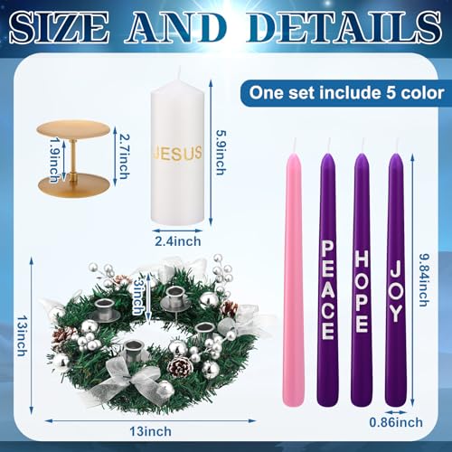 Christmas Advent Wreath Candle Holder Set with Pillar and Taper Candles - Silver, 5 Pieces - Holiday Decor
