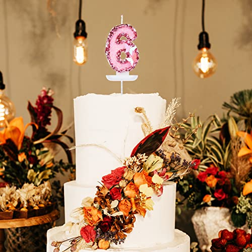Pink Glitter Number 6 Birthday Candle with Butterfly and Sequins Cake Topper