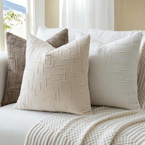 VISIONTEX Textured Chenille Throw Pillow Covers, 18x18 Beige Set of 2