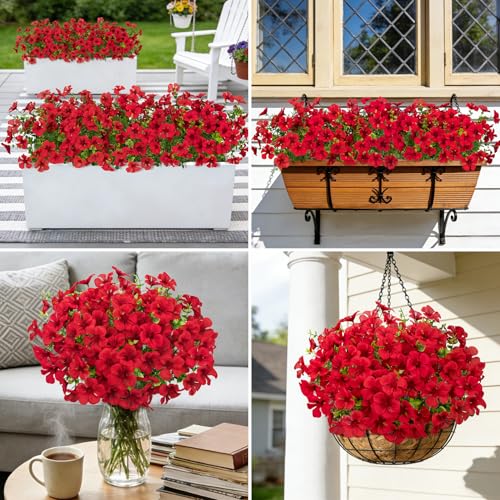 Roberly 12 Pcs Red Artificial Geranium Flowers for Outdoor Decor