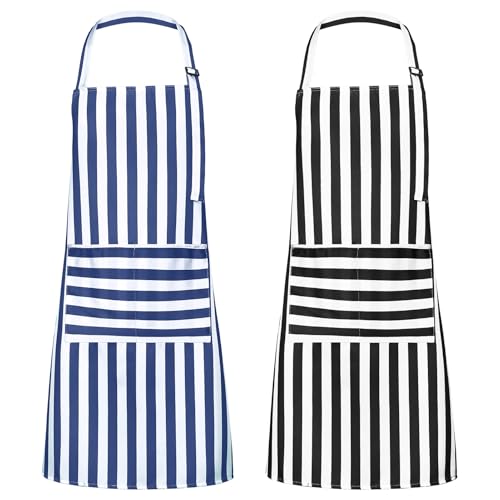 2 Pack Striped Kitchen Aprons with Pockets - Waterproof & Adjustable