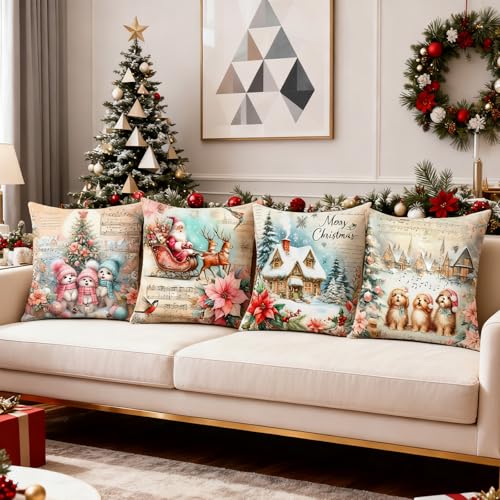 Vintage Christmas Throw Pillow Covers Set of 4 - 18x18 Soft Linen