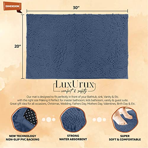 LuxUrux Medium Blue 30x20 Inch Soft Chenille Bath Rug Non-Slip Microfiber Floor Mat