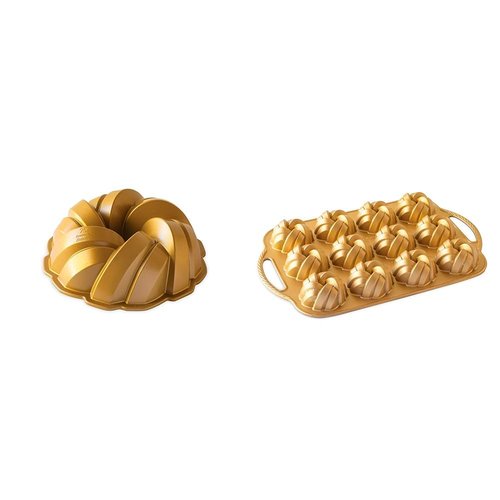Nordic Ware NW 95577 75th Anniversary Braided Rope Bundt Cake Pan, Gold 12 Cup Capacity & 95377 Bundtlette Pan 75th Anniversary Braided Bundt Bites, Gold