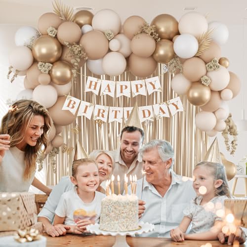 Boho Birthday Decorations Set with Gold Foil Balloons & Banner