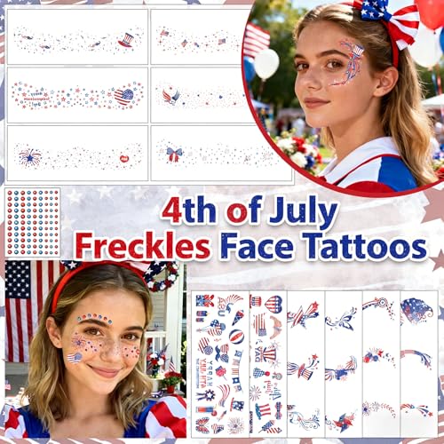 Patriotic Red White and Blue Glitter Freckle Face Tattoo Stickers 12Pcs