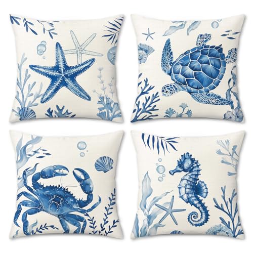 Bonhause Coastal Throw Pillow Covers, Marine Animal Design, 18x18 Inch, Set of 4