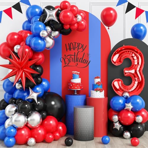 3rd Birthday Decorations Set for Boys - Blue, Black & Red Balloon Kit