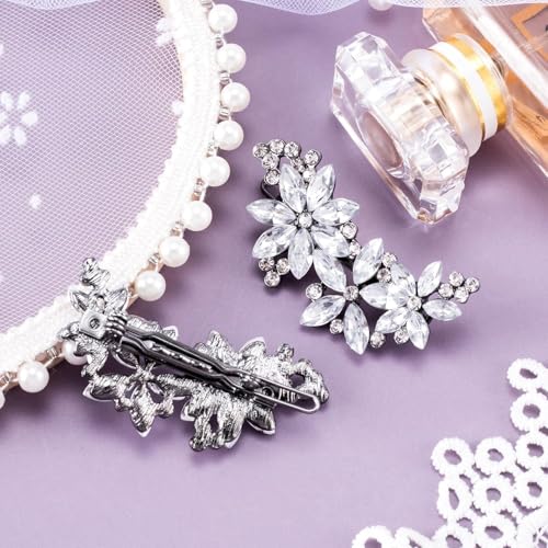 Ahltoiex 2 Pcs Rhinestone Silver Flower Hair Clips for Bridal Wedding
