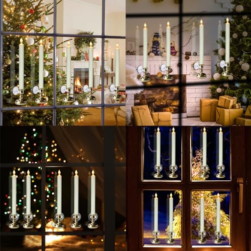 6 Pack Flameless Window Candles with Gold Holders and Remote Timer - Battery Operated