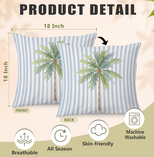 Tropical Palm Tree Blue Striped Pillow Cover 18x18 - Coastal Decor