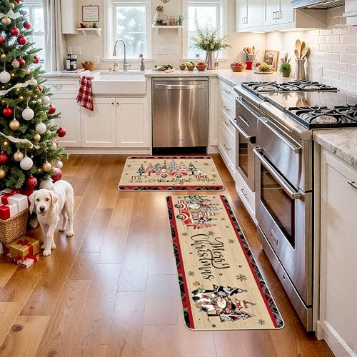Christmas Kitchen Rugs Set of 2 Faux Wood Grain Runner Floor Mats - Holiday Decor