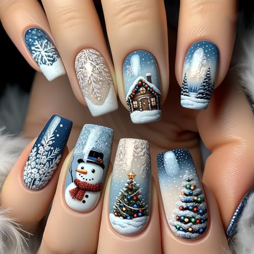 Glossy Blue Christmas Press-On Nails Medium Square Fake Nails with Snowman & Snowflake Design and 3D Rhinestones