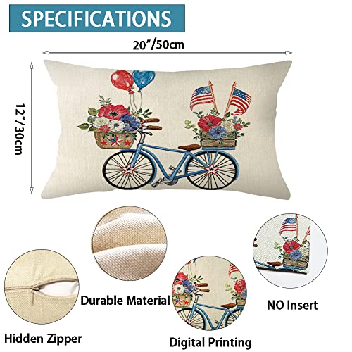4th of July American Flag Bicycle Throw Pillow Cover, 12x20 Inch Patriotic