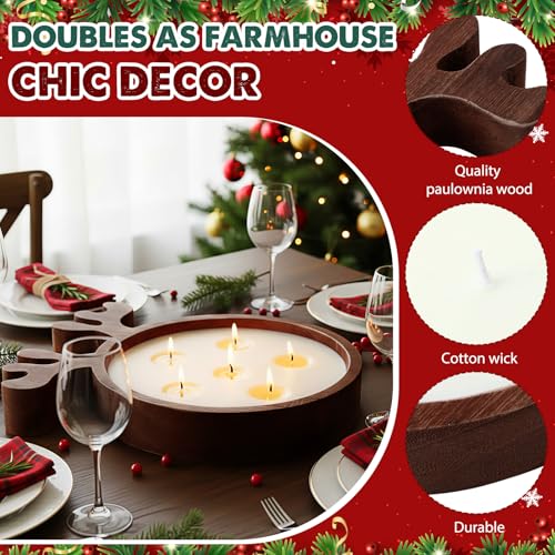 Reindeer Wooden Christmas Bowl Candle Set with Berries & Pine for Holiday Decor