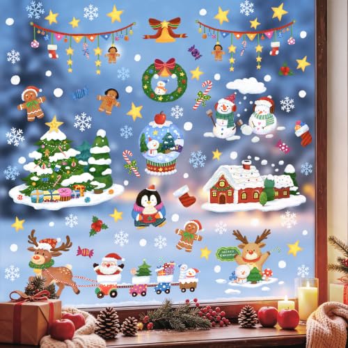 Christmas Window Clings Set - Winter House & Xmas Tree Decorations - 9 Sheets