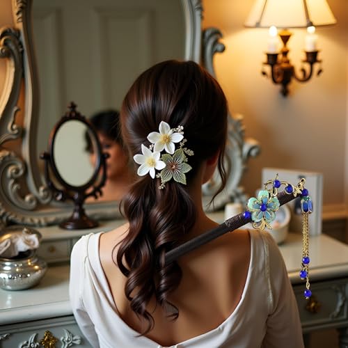 Blue Vintage Wooden Hair Stick with Tassel Flower Hairpin for Women