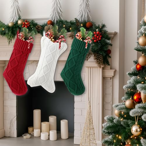 3 Pack Christmas Stockings for Dogs & Family - 18 Inch Knit & 15 Inch Bone Stocking - Red, Green, White