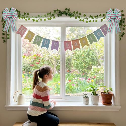 Threetols Easter Wreath Bows - 2 Pack Colorful Velvet Stripe Decor