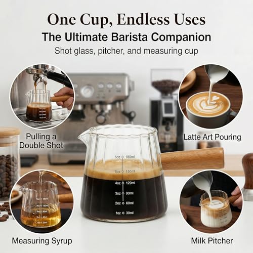 Transparent 6oz Espresso Shot Glass with Wood Handle & Measuring Scale