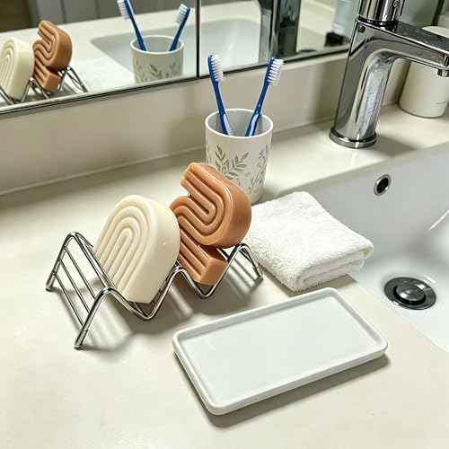 Lofekea Ceramic Soap Dish with Stainless Steel Holder - Space-Saving Design