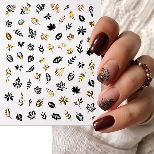 Black Gold Fall Maple Leaf Nail Stickers - 8 Sheets Self-Adhesive Autumn Decals