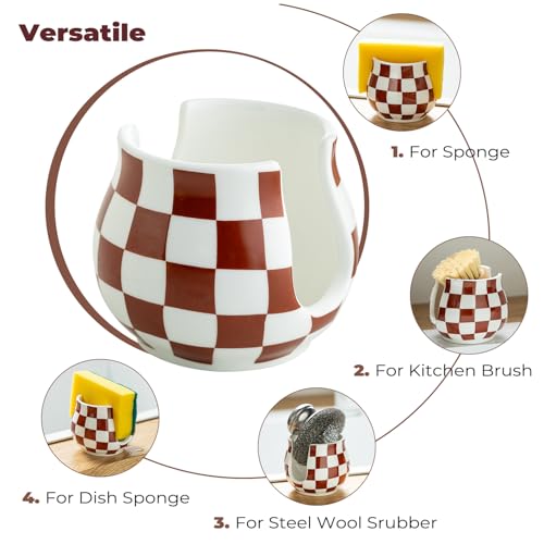 Zoeeker Ceramic Sponge Holder, Checkered Barrel-Style Sink Caddy (Brown & White)