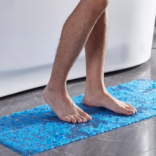 Webos Pebble Clear Blue Bath Shower Mat Non Slip Extra Large 16x40 Inch with Drain Holes