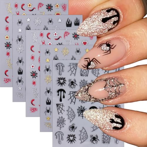KTAABTR Halloween Nail Art Stickers - 5 Sheets 3D Self-Adhesive Goth Decals