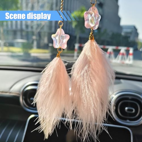 Car Rearview Mirror Charm - Fuzzy Feather & Resin Star Pendant
