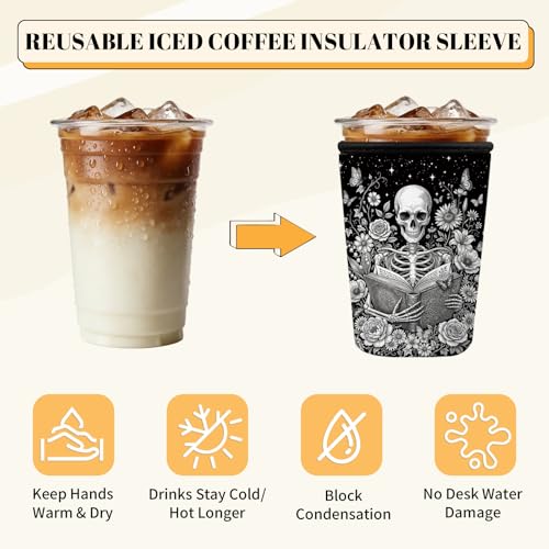 Skeleton Reading Iced Coffee Cup Sleeve 3-Pack - Gothic Book Lover Gift 01