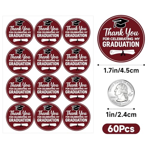Graduation Thank You Stickers 2026 - 60Pcs Dark Red Self-Adhesive