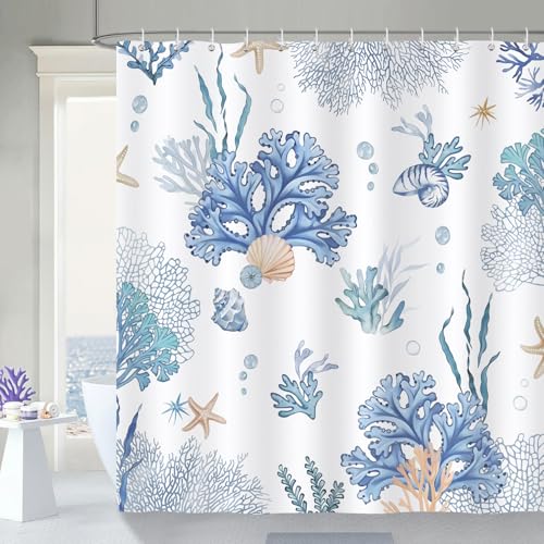 Bonhause Nautical Coastal Shower Curtain, 72x72 Waterproof Ocean Theme