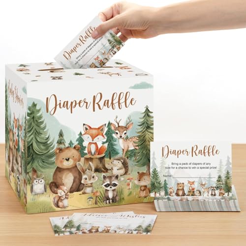Woodland Baby Shower Diaper Raffle Box Set with 50 Raffle Tickets