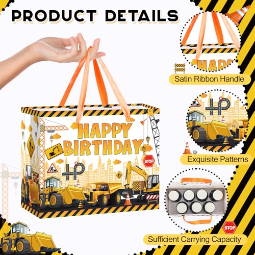Large Yellow Dump Truck Birthday Gift Bag with Tissue Paper