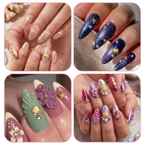 Summer Ocean Nail Charms 3D Gold Starfish Seashell Art Decorations with Tweezers