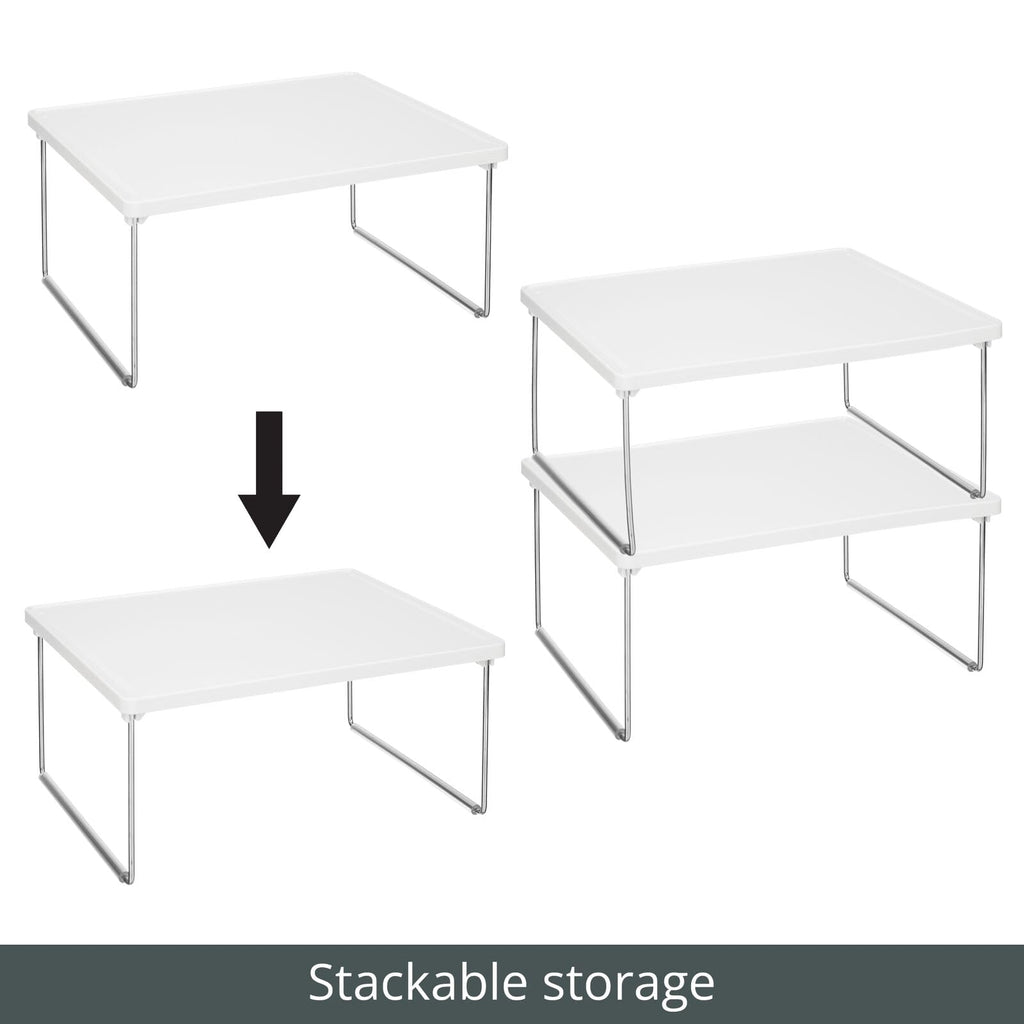 mDesign Metal Stacking Storage Organization for Shelves Inside Closet in Bedroom, Bathroom, Hall, or Entryway - Organizer Stand for Clothing, Linen, Household Items, Ligne Collection, 2 Pack, White
